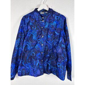 Chico's Womens Blue Paisley Button-Up Shirt Size 2 100% Silk Long Sleeve Top